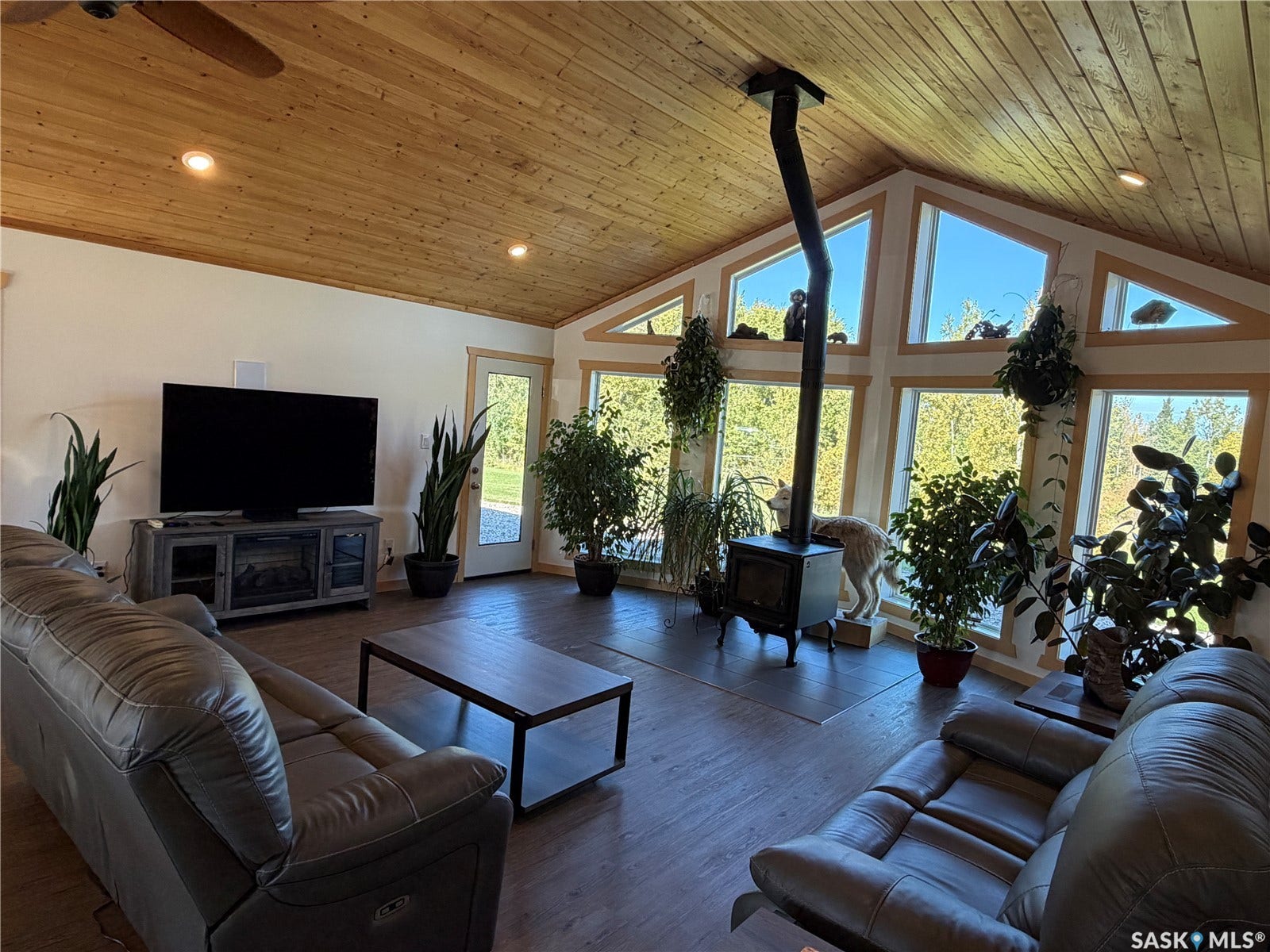 Wood-finish flooring, wood plank vaulted ceiling, exposed stovepipe, and a series of floor-to-ceiling windows