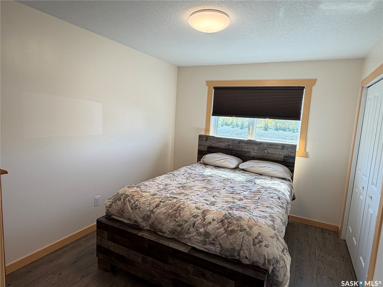 Wood-finish flooring, neutral wall tones, window with natural wood trim, closet with bi-fold doors, and a flush-mount ceiling light