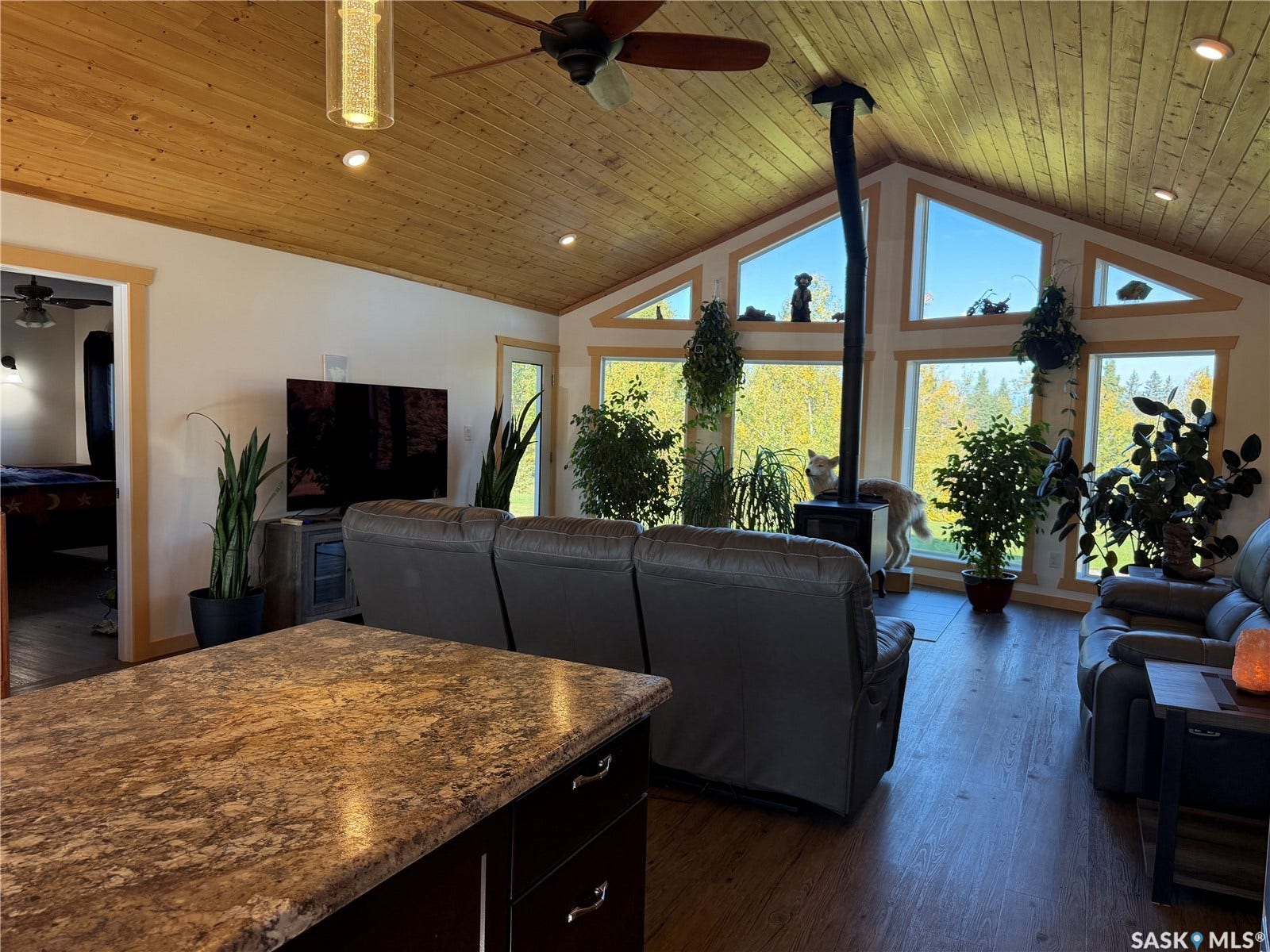 Vaulted wood-paneled ceiling with recessed lighting and a ceiling fan