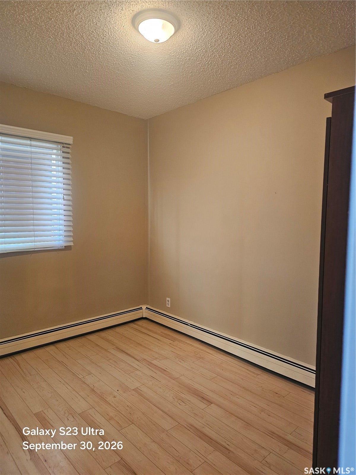 Wood-finish flooring, baseboard heating, recessed window with horizontal blinds, and overhead flush-mount lighting
