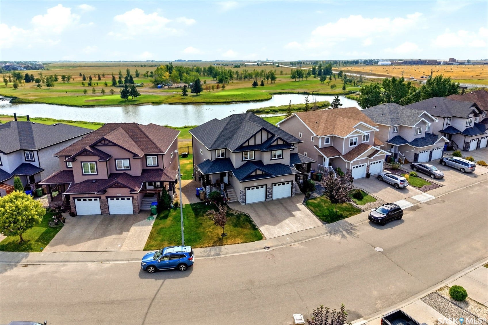 Well-maintained street with mature trees and a scenic lake backdrop