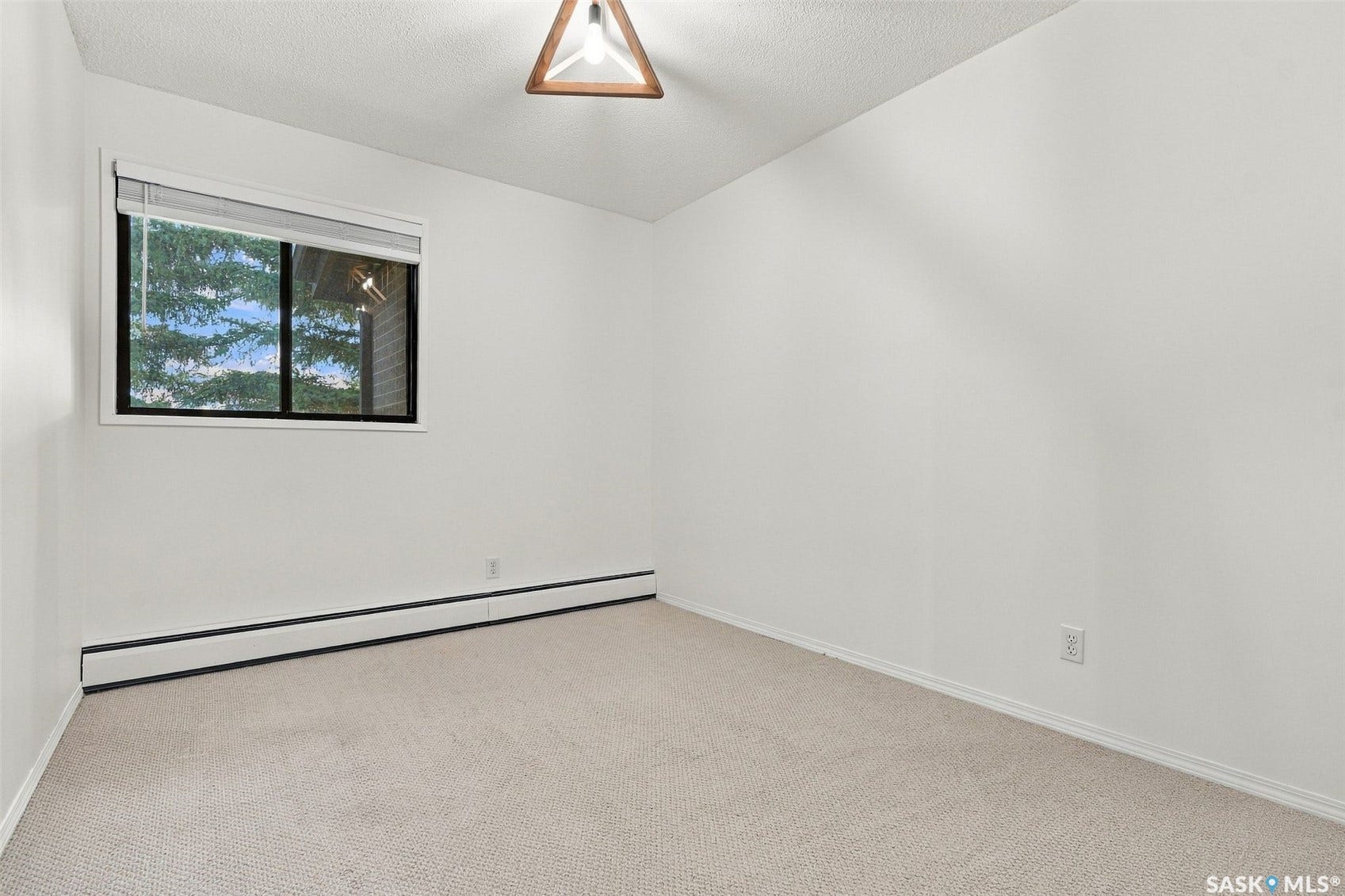 Carpeted room featuring a window with black trim, baseboard heating, and an overhead light fixture