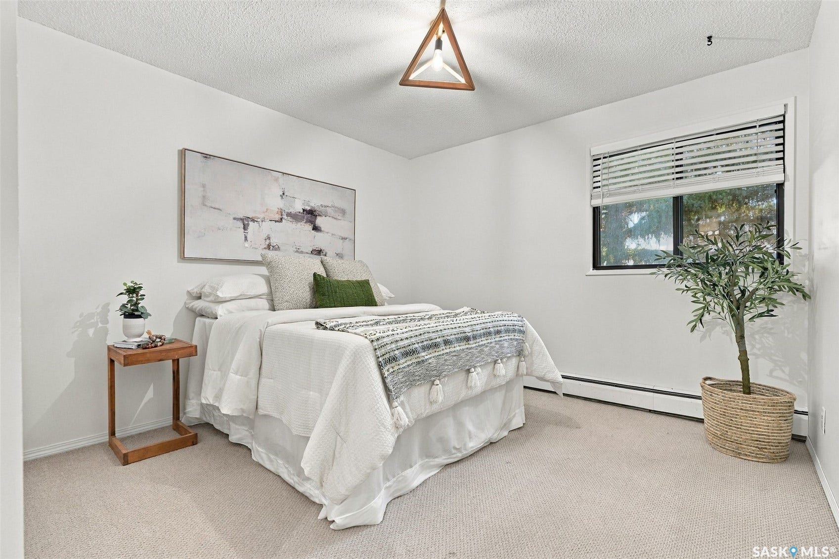 Neutral wall color, wall-to-wall carpeting, black-framed window with blinds, and a geometric ceiling light fixture