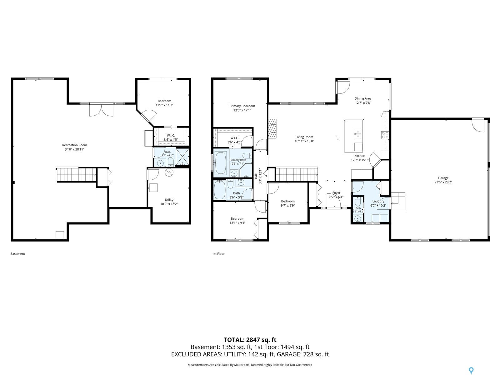 upper and level floor plan with digital measurements including attached garage