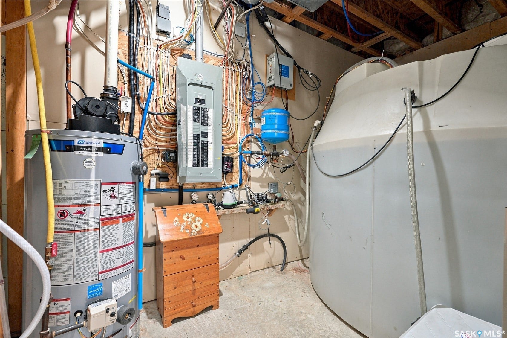 mechanical room with 200 amp main panel and tank for rural water utility drip line