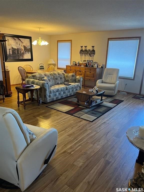 Wood-finish flooring throughout, multiple windows with blinds, and a ceiling light fixture