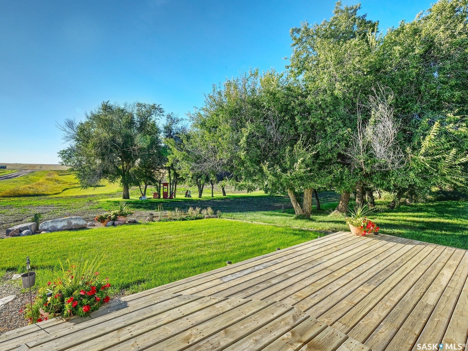 Expansive backyard featuring a wood deck, manicured lawn, and mature trees