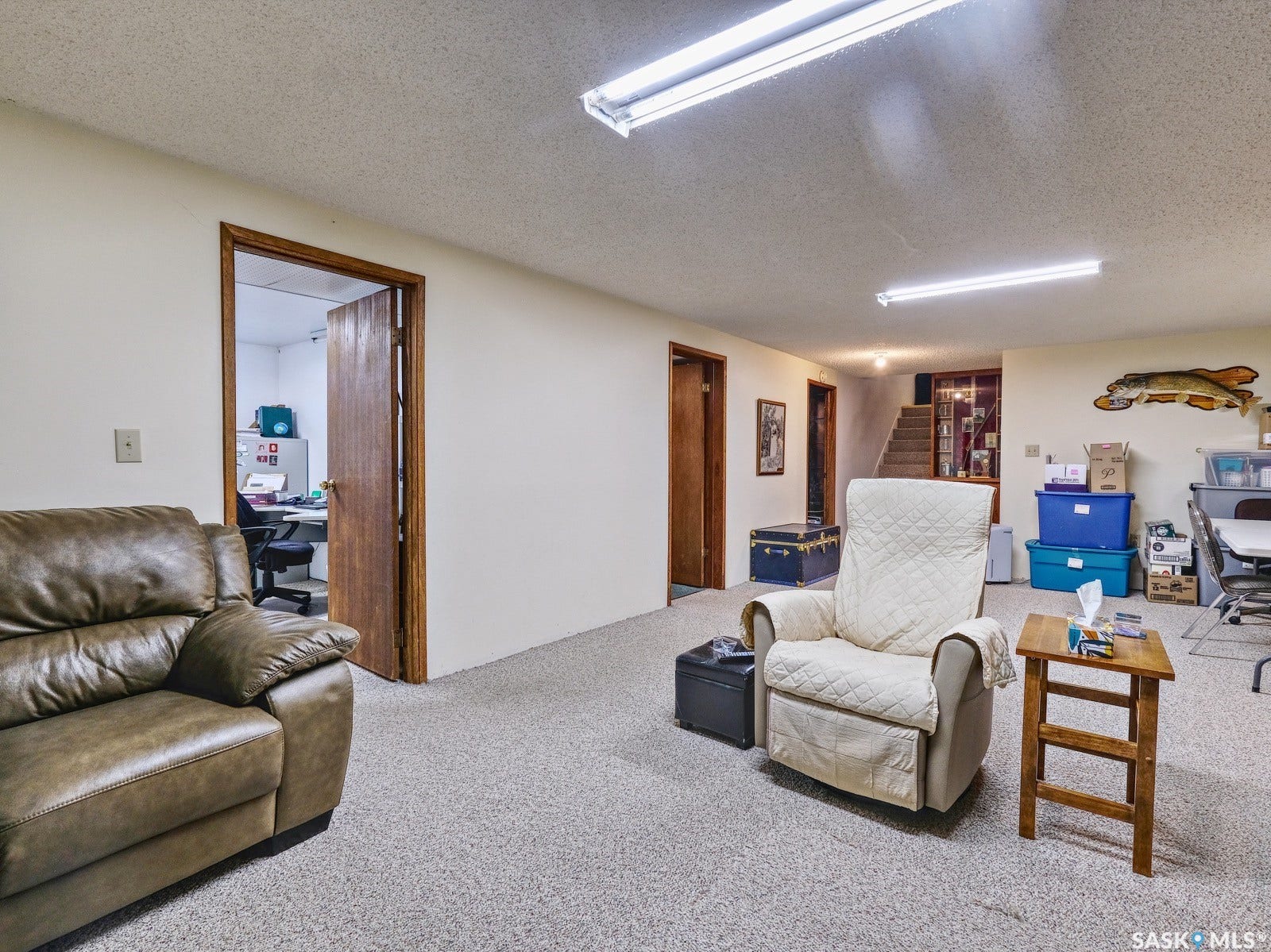 Wall-to-wall carpeting with multiple doorways, providing access to additional spaces