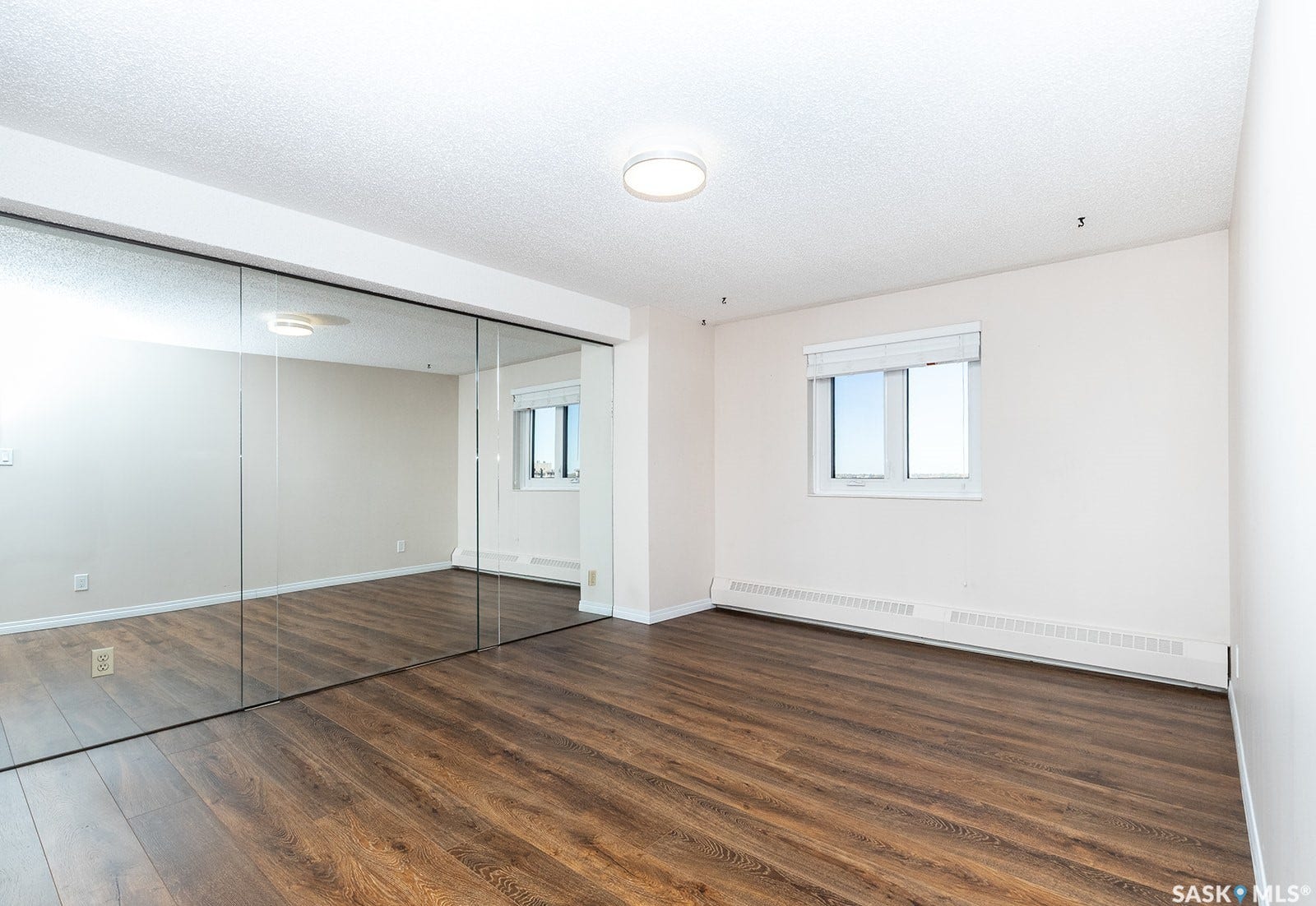 Laminate flooring, white walls, and large mirrored closet