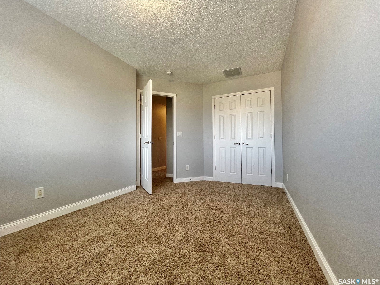Carpeted flooring, light gray wall paint, white trim, and a double-door closet with paneling