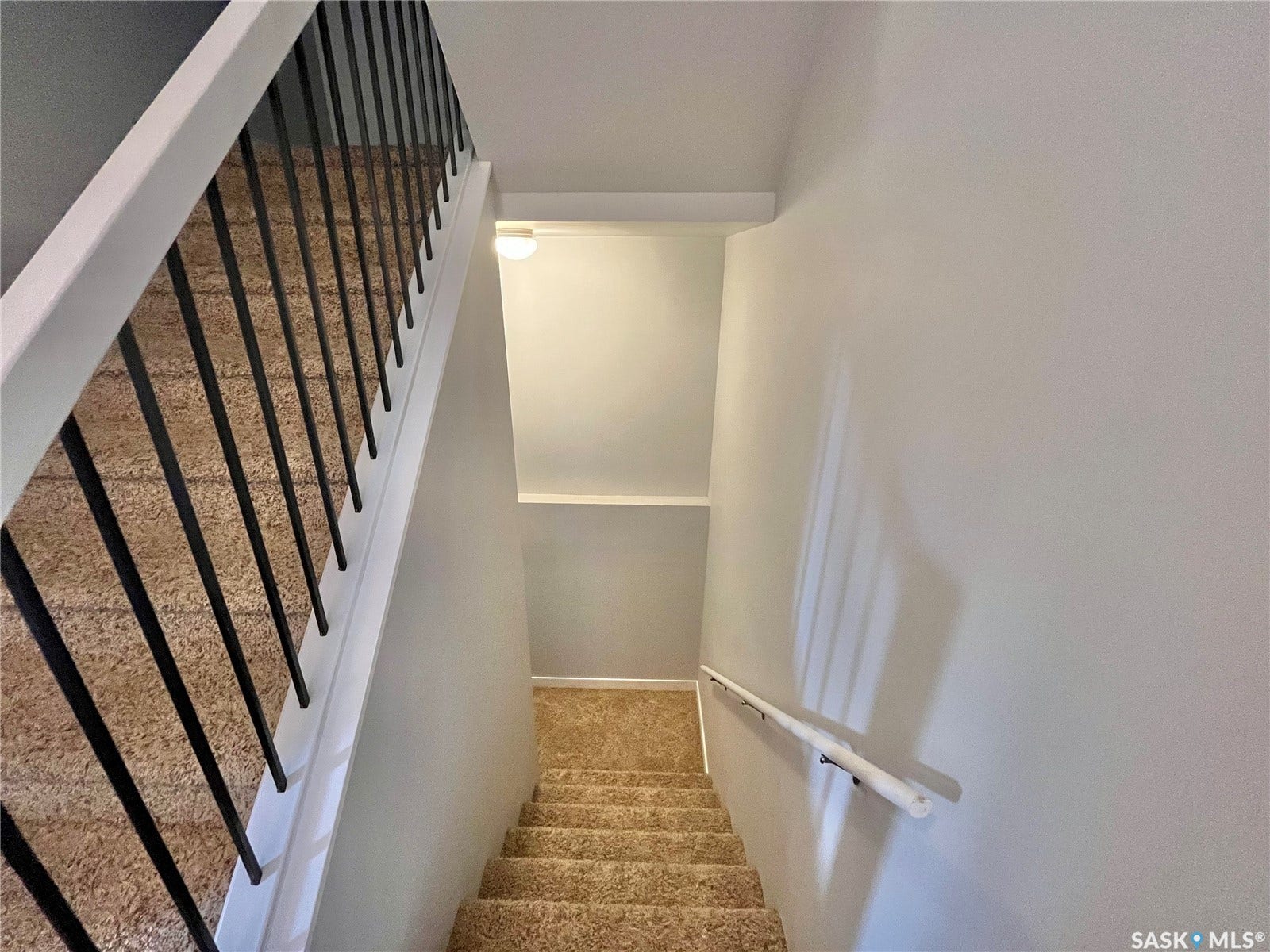 Carpeted staircase featuring a black metal baluster railing and a white handrail