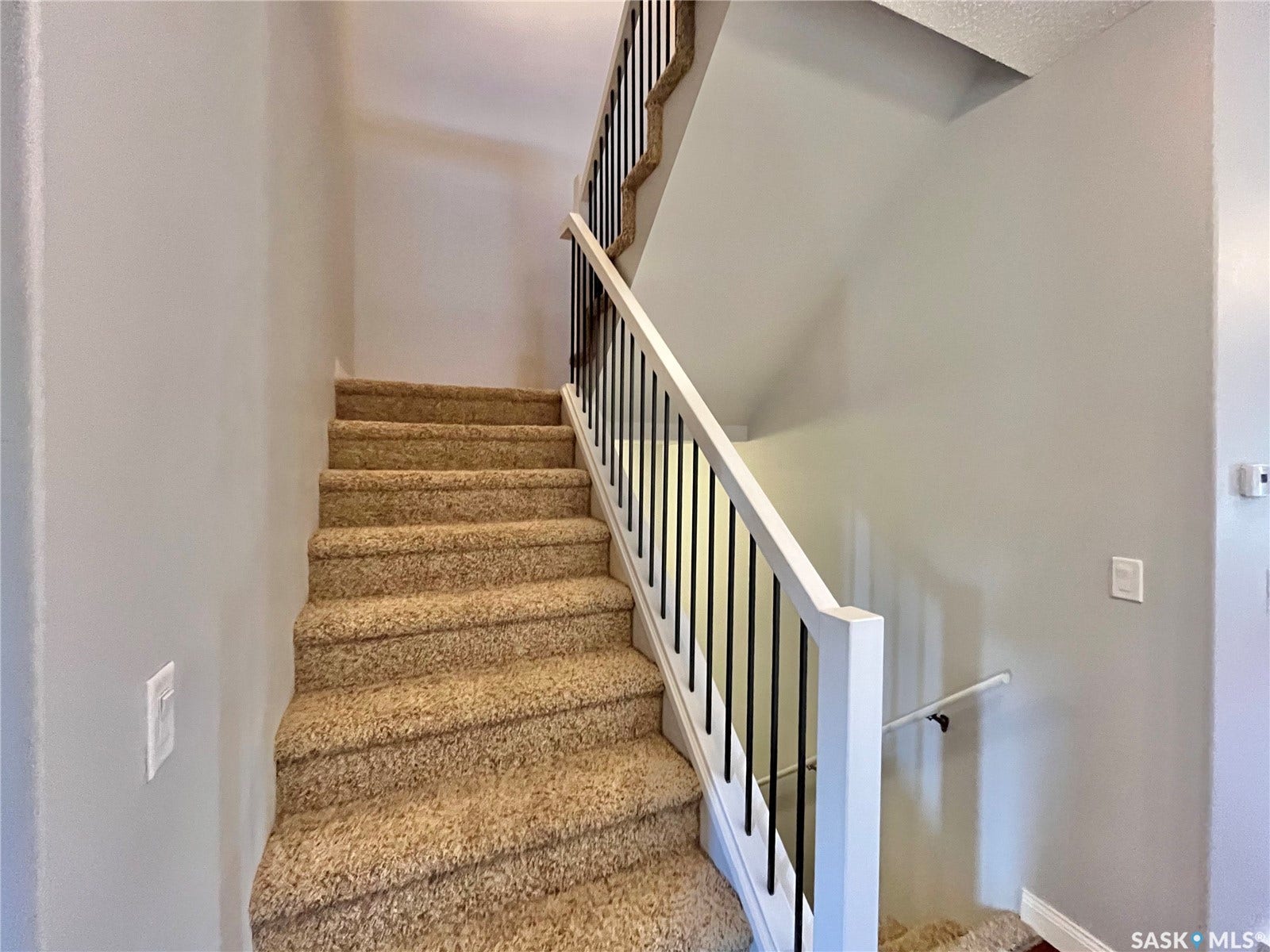 Carpeted staircase with white newel posts and black metal balusters