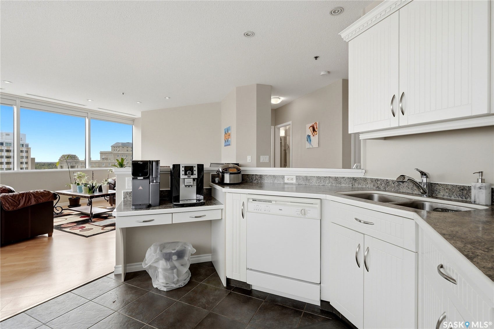1914 Hamilton Street, #1007, Regina SK S4P 3N6 Kitchen with white cabinetry, dark tile flooring, stainless steel sink, and light countertops