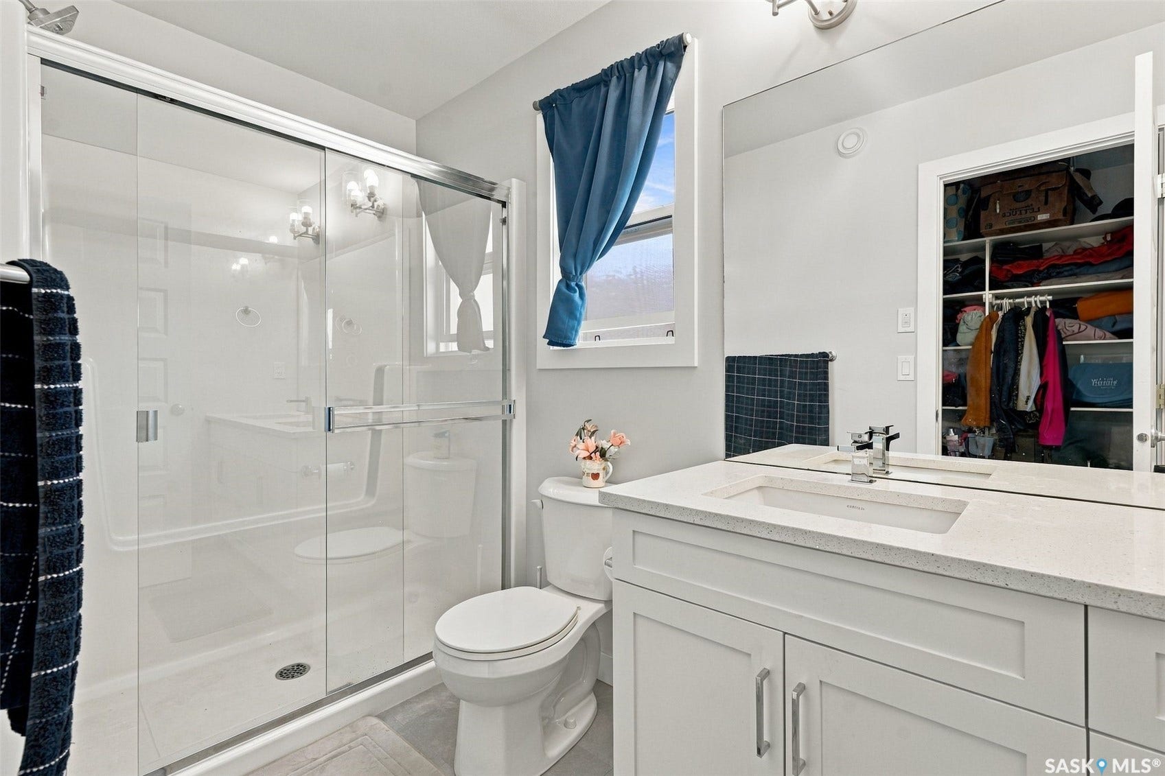 Framed glass shower enclosure with sliding doors