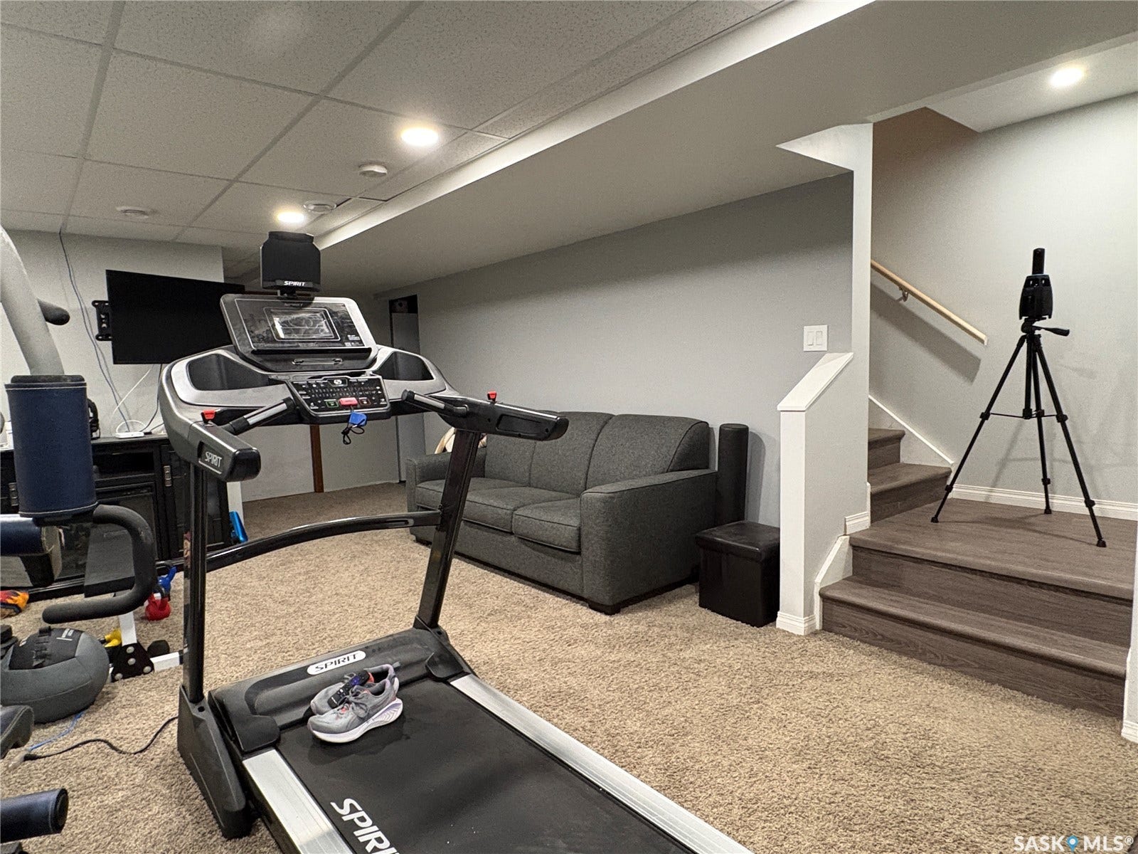 Finished basement with recessed lighting, light gray painted walls, and textured carpeting