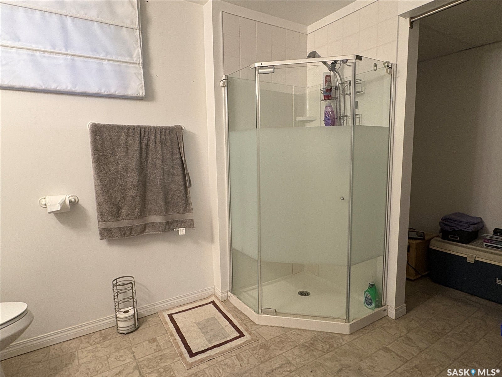Corner shower enclosure with clear and frosted glass panels, white shower base, and a tiled wall surround