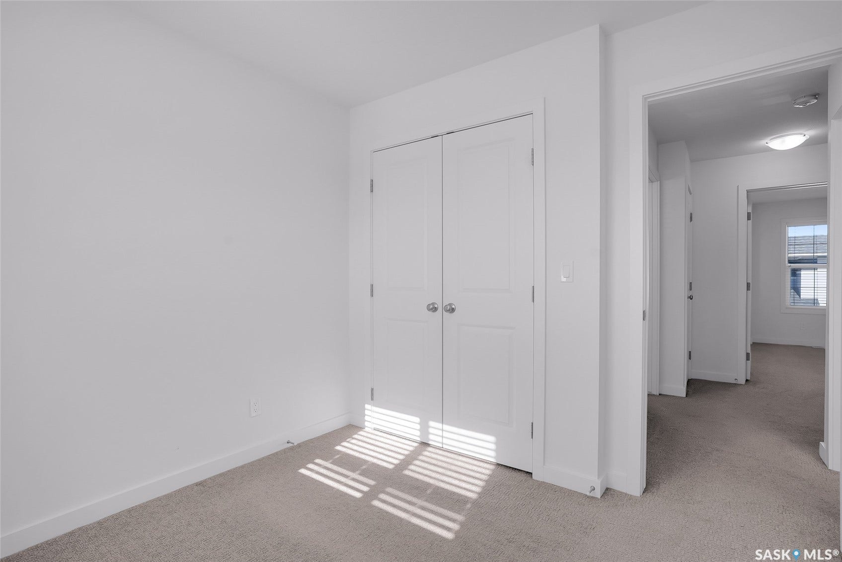 Light gray carpeted flooring, white walls, white paneled doors, and a ceiling-mounted light fixture