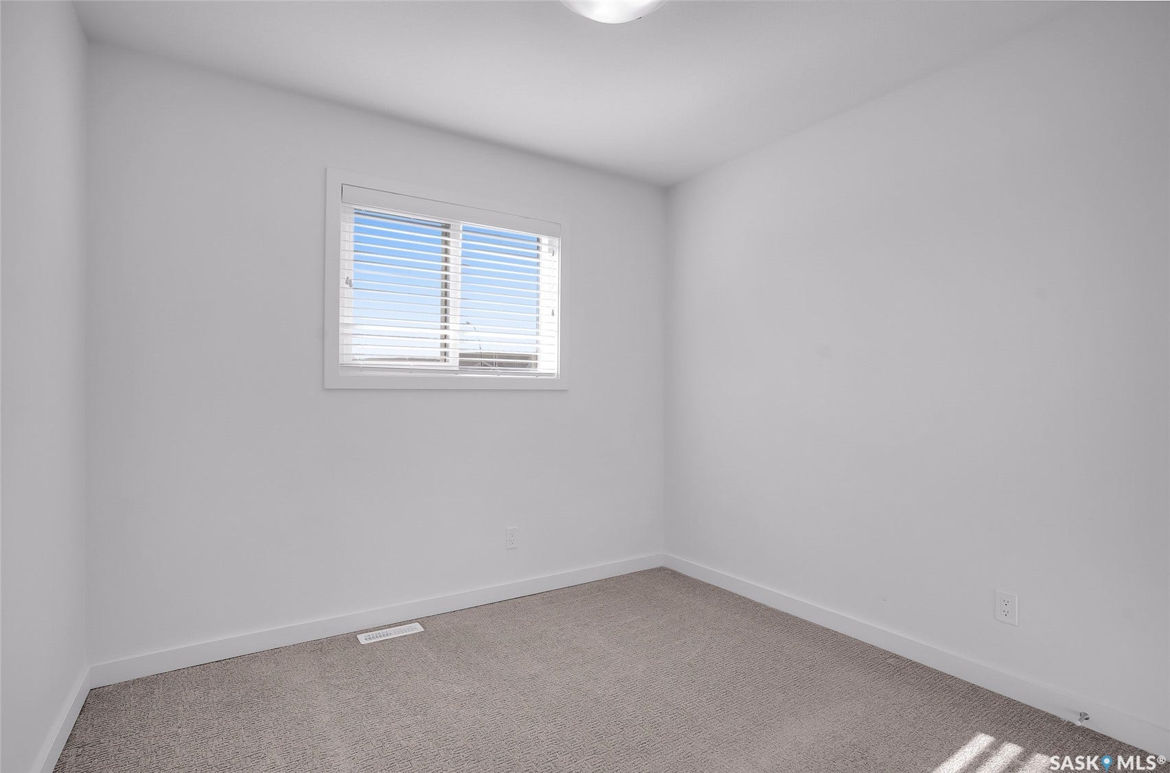 Neutral wall paint, window with blinds, and carpeted flooring