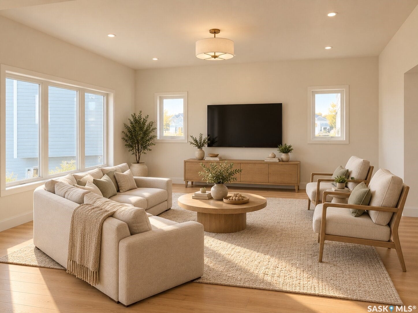 Recessed lighting, wood-finish flooring, multiple windows, and a ceiling-mounted light fixture