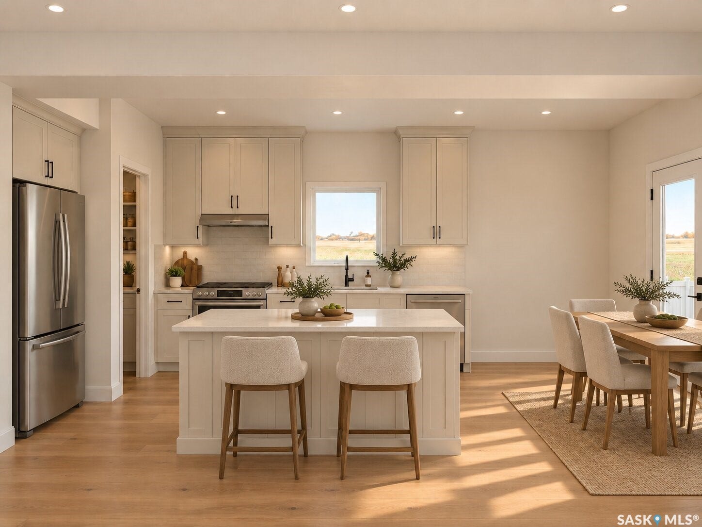 Kitchen featuring white shaker cabinetry, stainless steel appliances, a center island with countertop seating, recessed lighting, and wood-finish flooring