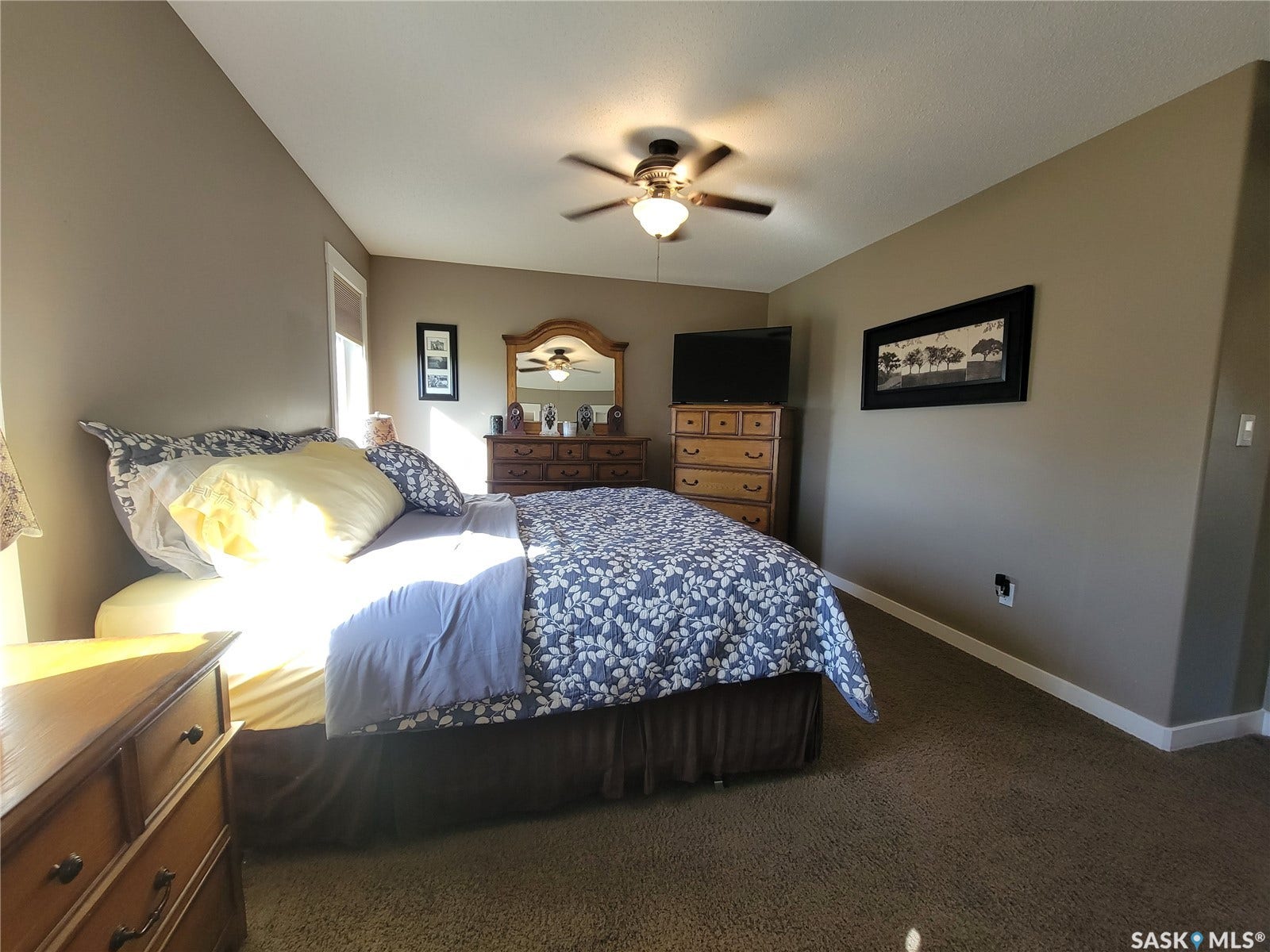 Carpeted room with a ceiling fan light fixture and a window with blinds