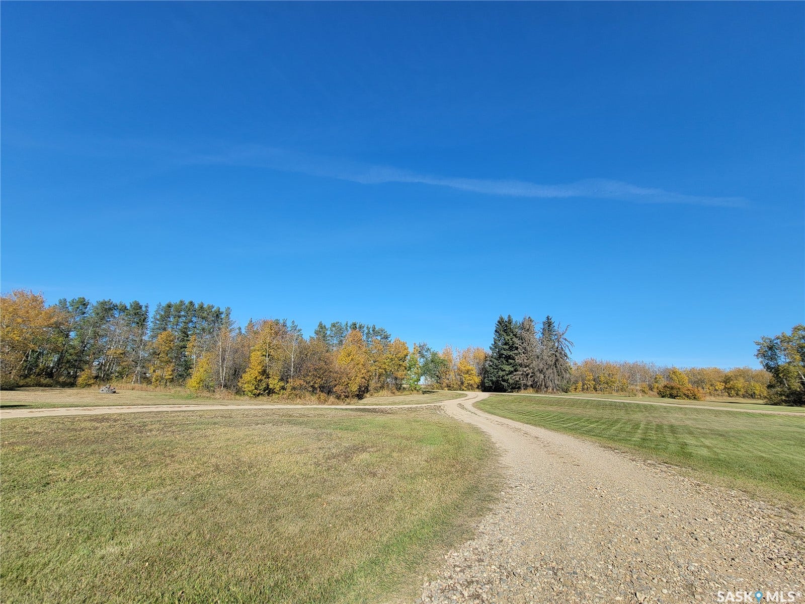 Gravel driveway with a gradual curve, surrounded by expansive green lawn, and mature trees with autumn foliage