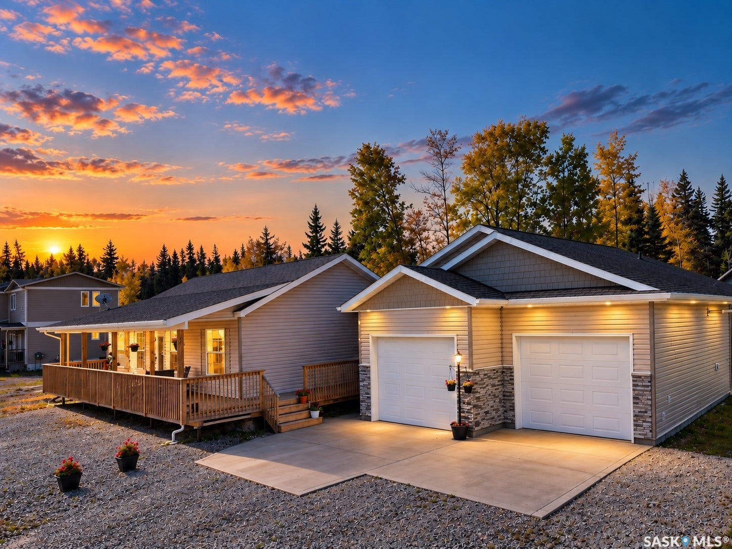 Expansive wrap-around wooden deck with railings, concrete driveway, attached two-car garage with stone accents, and composite shingle roofing