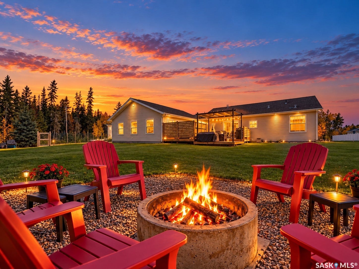 Expansive backyard featuring a central fire pit area with gravel ground cover, a manicured lawn, perimeter fencing, and mature trees