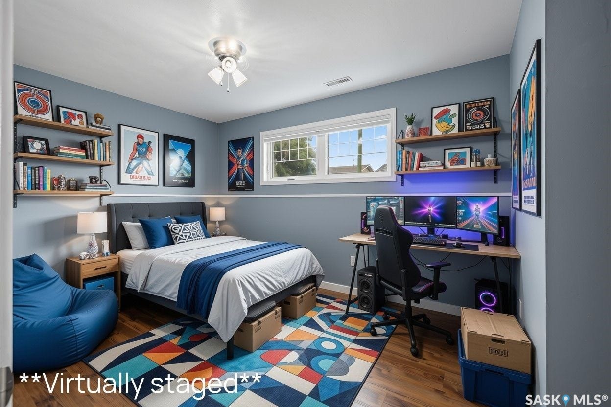 Wood-finish flooring, two large windows, a ceiling-mounted light fixture, and two built-in wall shelves