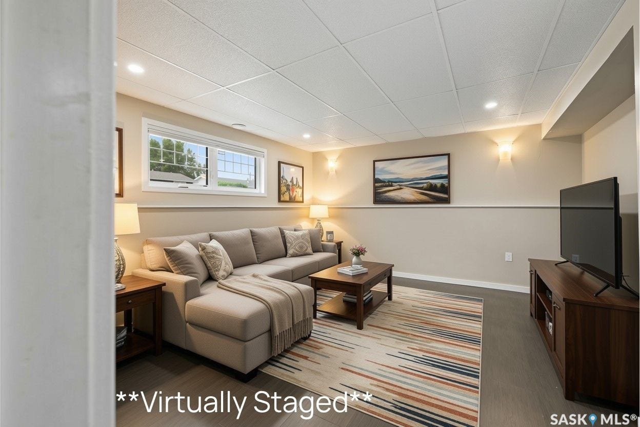 Recessed lighting, drop ceiling, wall-mounted sconces, wood-finish flooring, and a large window with grilles