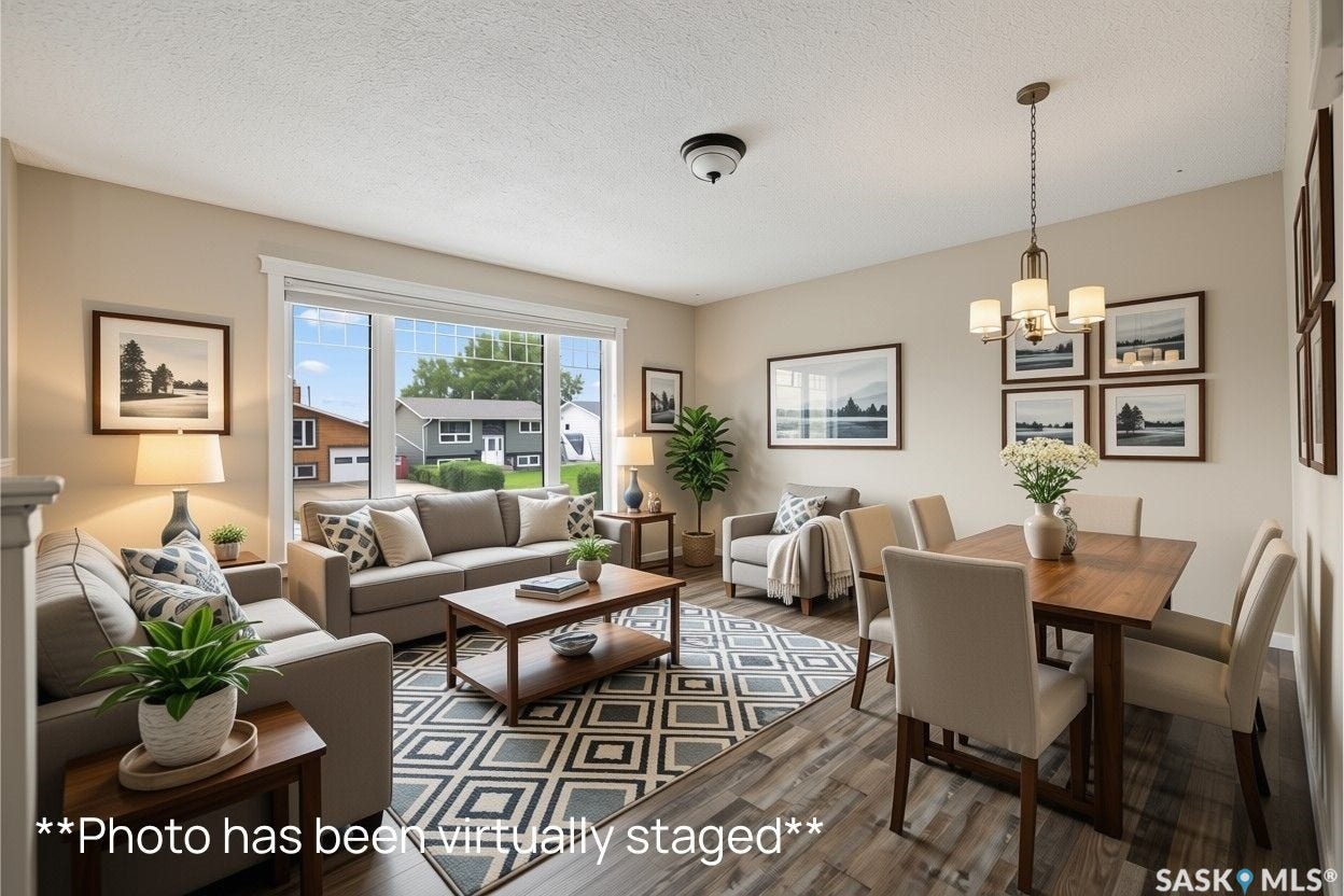 Open-concept living and dining area featuring wood-finish flooring, a large picture window, and a chandelier lighting fixture