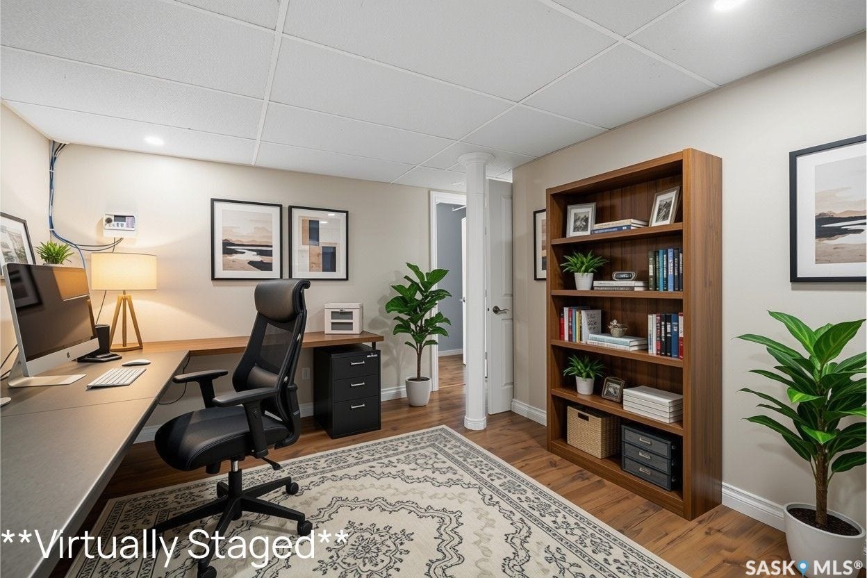 Wood-finish flooring, built-in shelving, recessed lighting, and a neutral wall color
