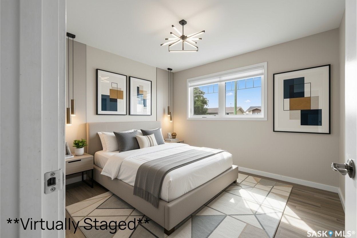 Large window with white frame, wood-finish flooring, recessed lighting, and a modern ceiling fixture