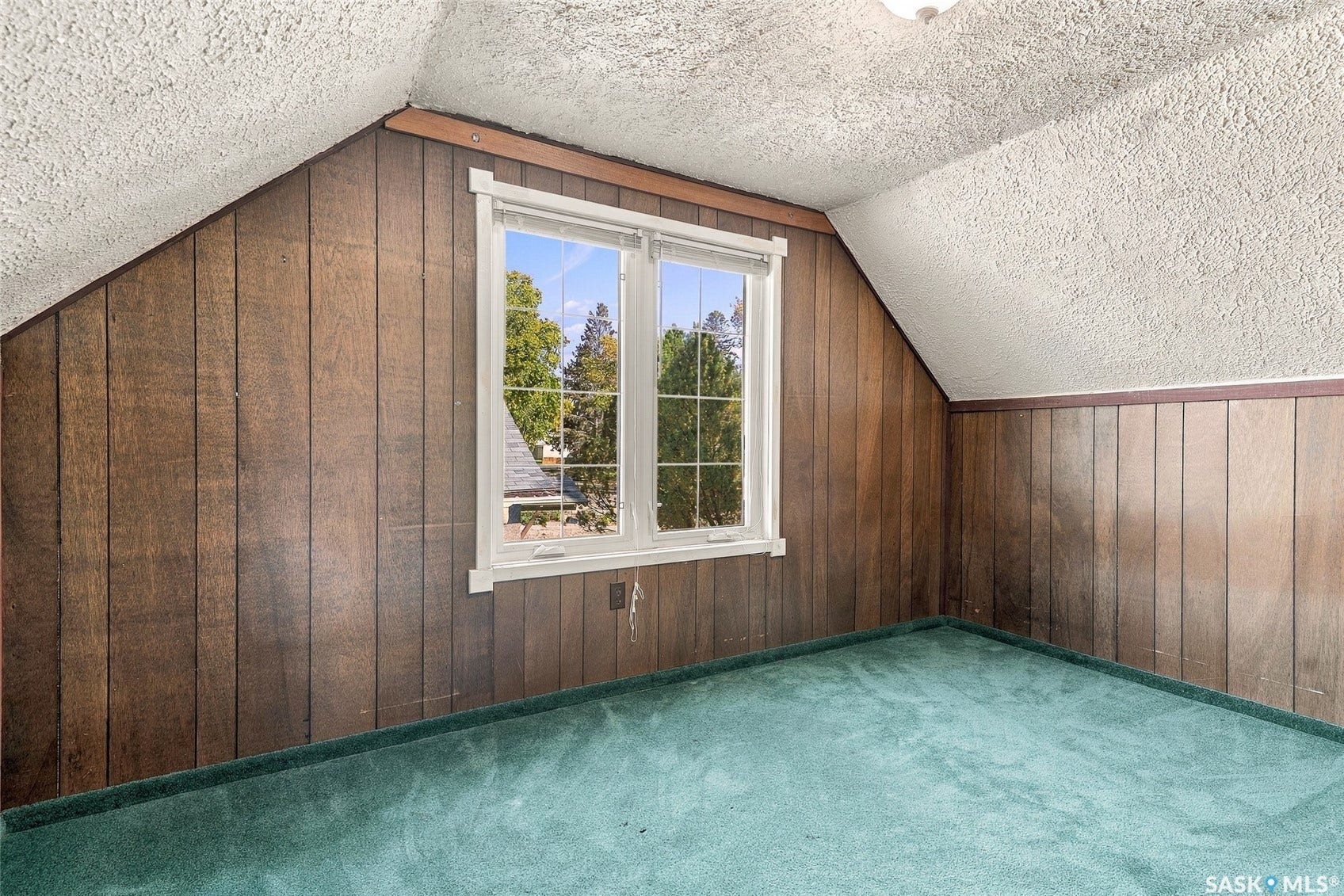 Double-pane window with white trim, wood paneling, textured ceiling, and green carpet