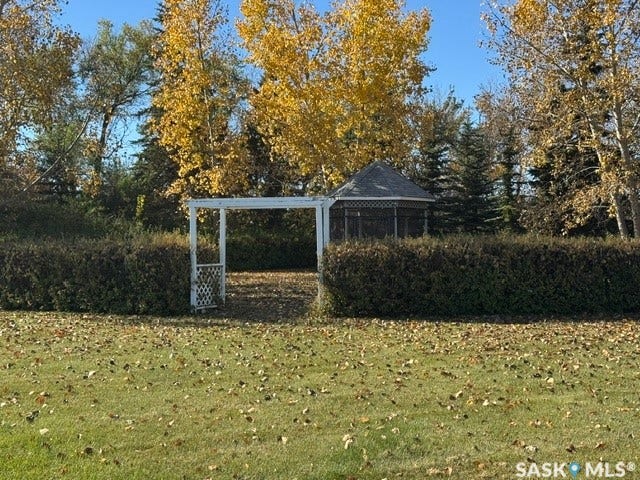 Manicured lawn with a white arbor and privacy hedging