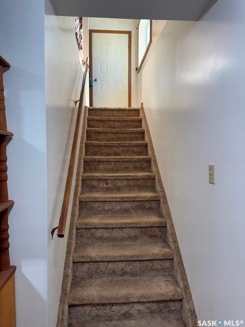 Carpeted staircase with a wood handrail, white paneled door, and natural light from an upper window