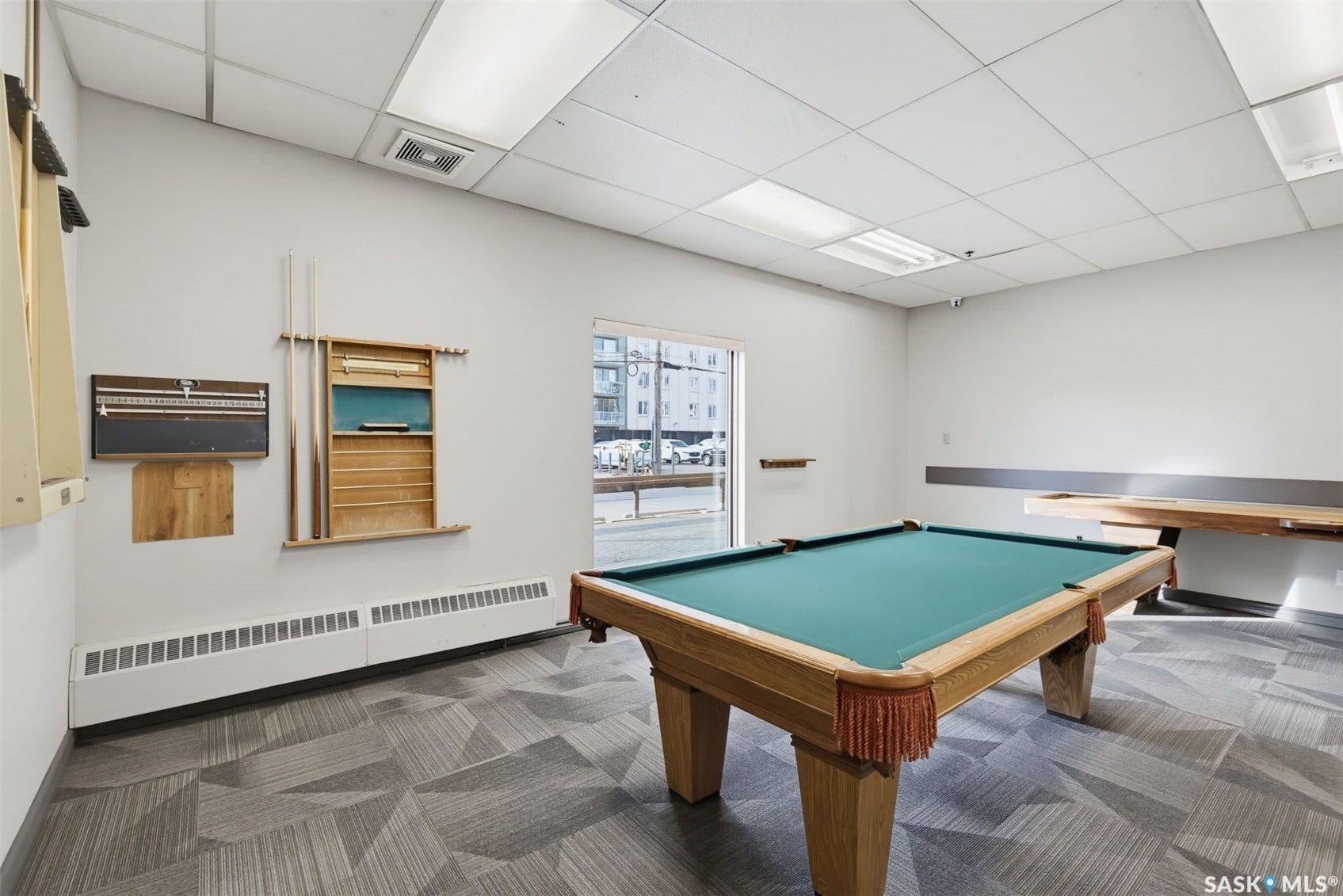 Recreation room featuring patterned carpet flooring, a full-size billiard table, and a wall-mounted cue rack