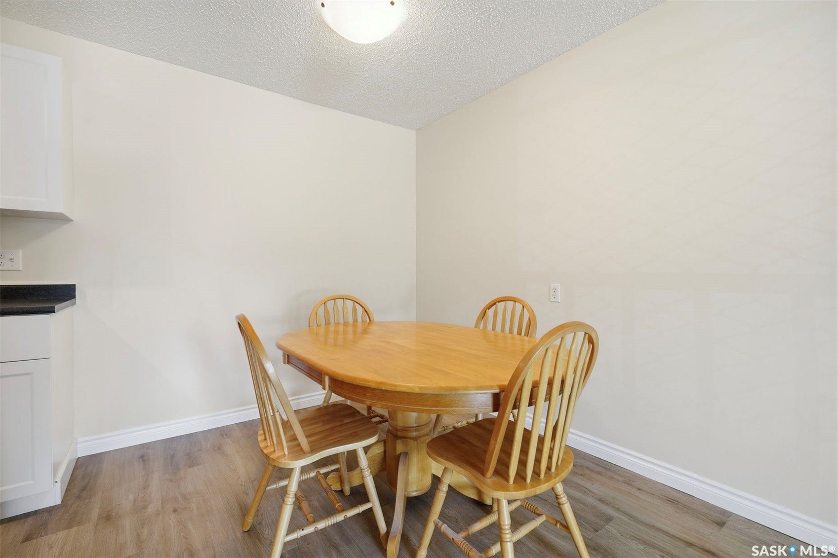 Wood-finish flooring with white baseboards, light-toned walls, and a ceiling-mounted light fixture