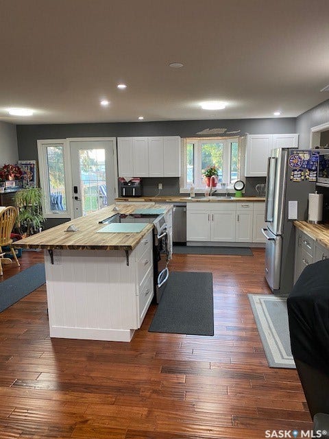216 2nd Avenue, Wiseton SK S0L 3M0 Kitchen featuring wood-finish flooring, white cabinetry, wood-look countertops, a center island, and stainless steel appliances