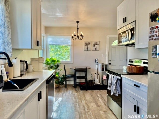 White shaker-style cabinetry with matte black hardware, stainless steel appliances, vinyl plank floors, and ample natural light