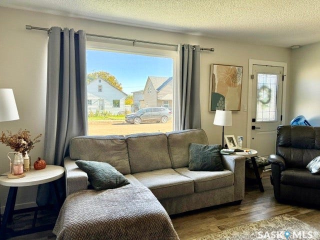 Spacious living area featuring a large window, a white entry door with a decorative glass insert, and vinyl plank flooring