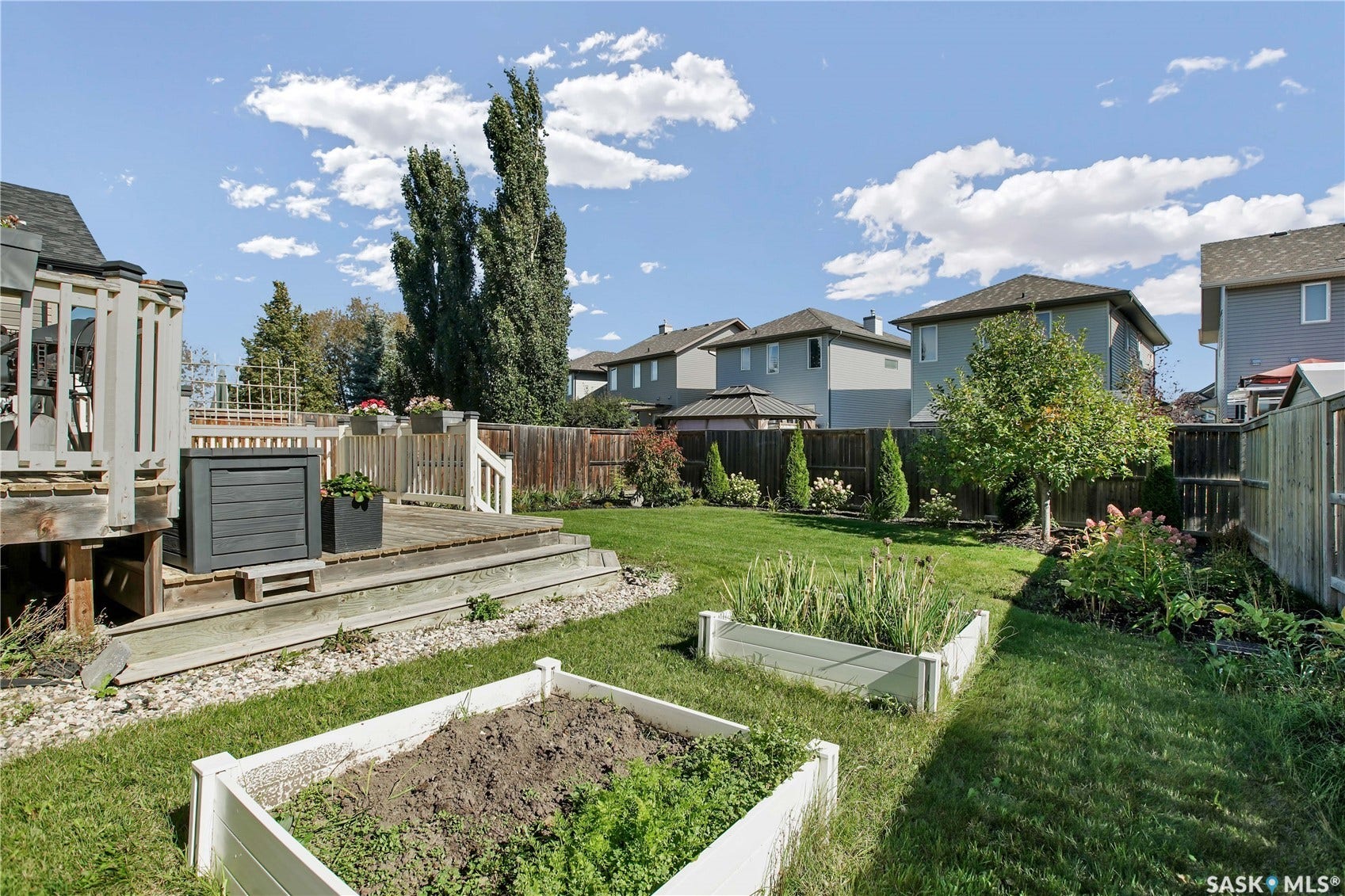 Expansive backyard featuring a manicured lawn, raised garden beds, and an elevated wood deck with stairs