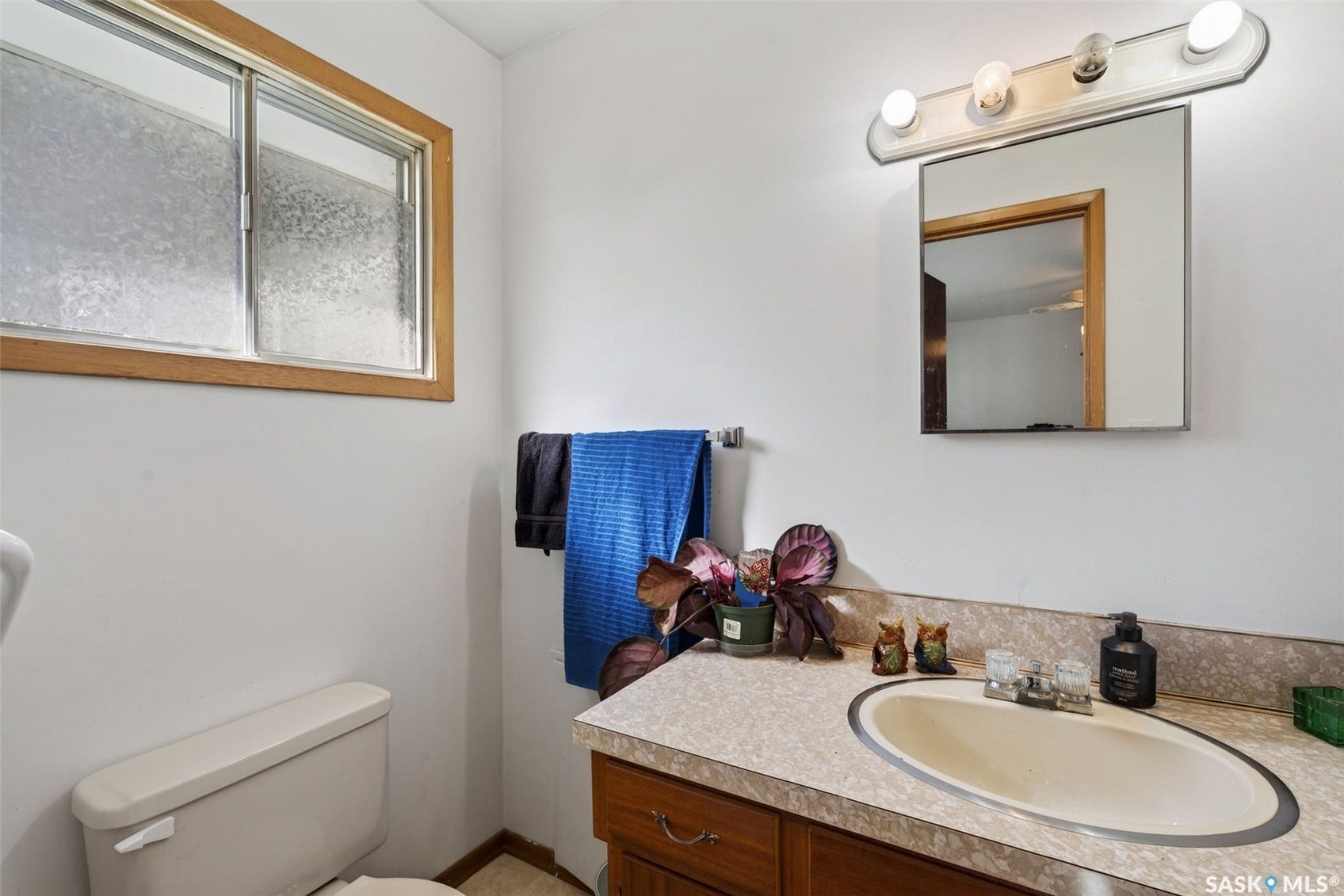 Full vanity with an integrated sink and metal faucet, wood-finish cabinetry, and a framed mirror with an overhead light fixture