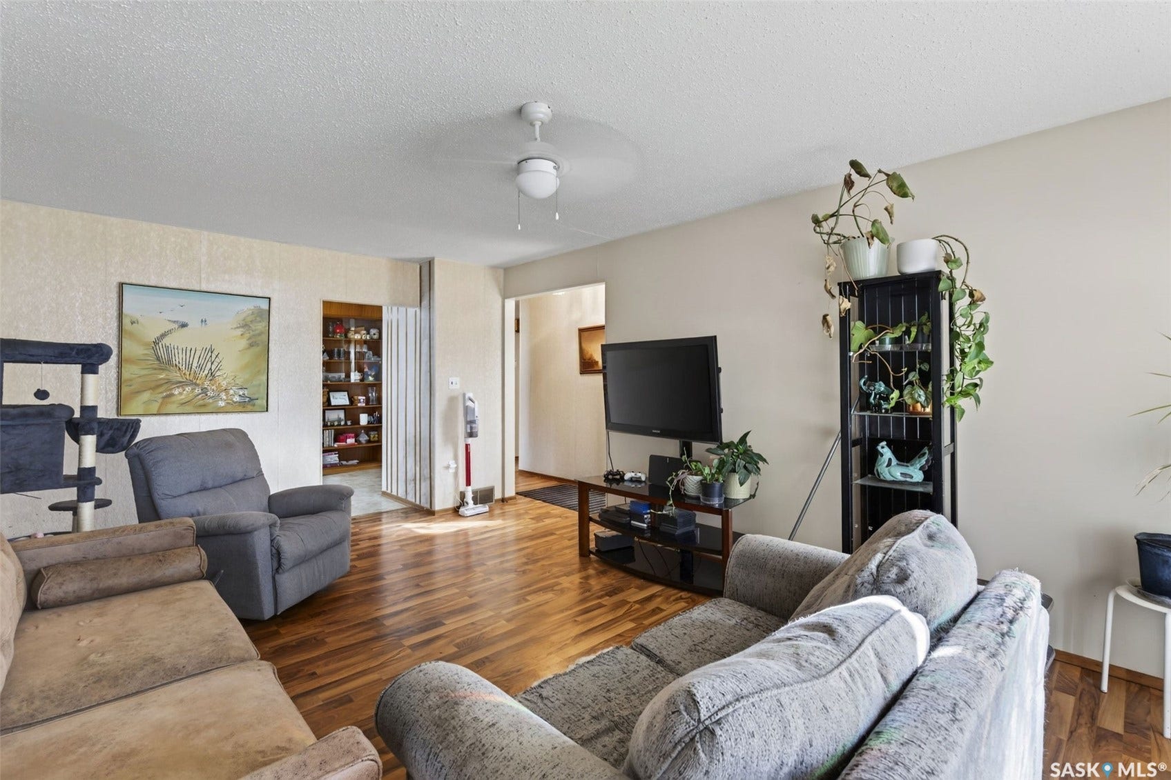 Wood-finish flooring throughout, complemented by a ceiling fan fixture and neutral wall tones