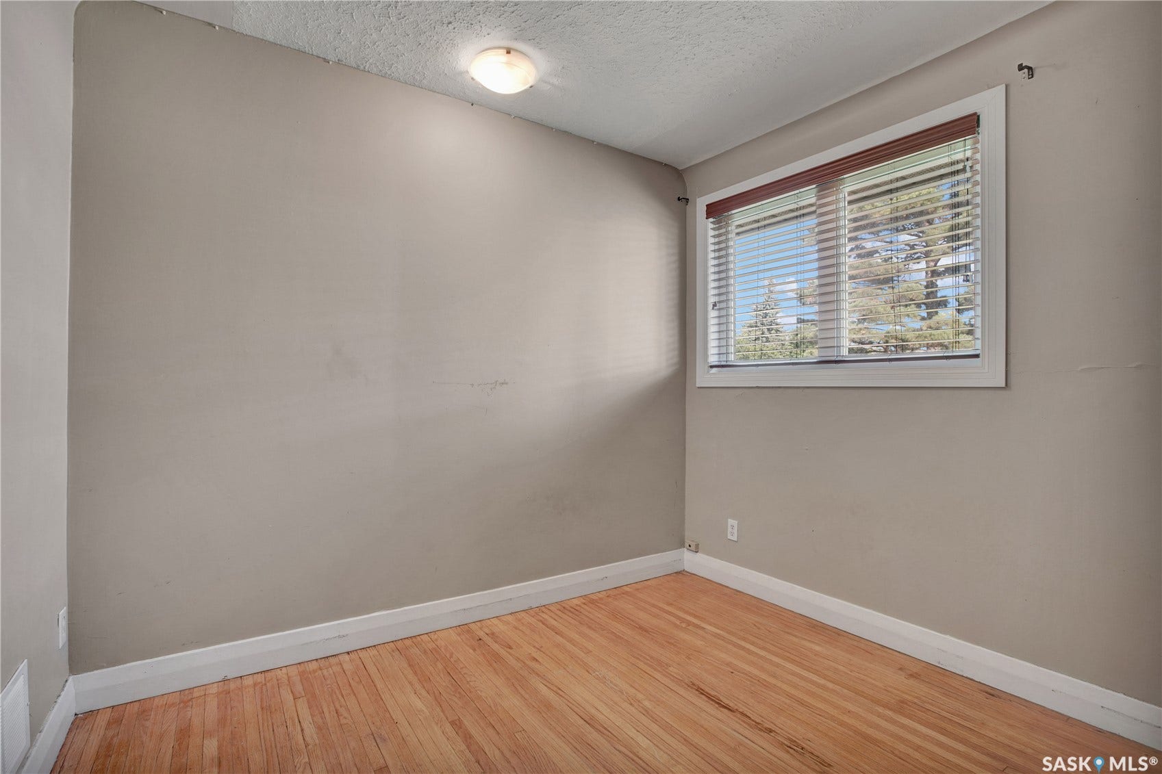 Hardwood flooring, neutral wall tones, and a window with horizontal blinds