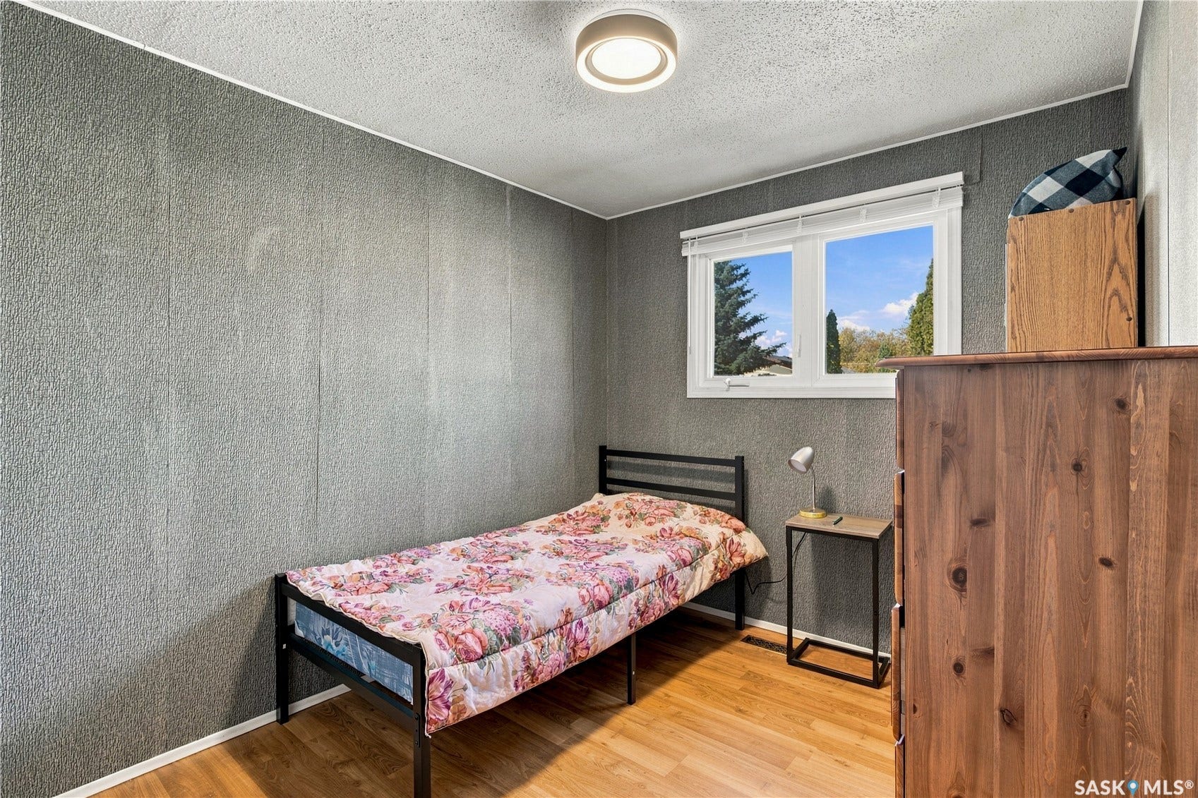 Wood-finish flooring with a white trim