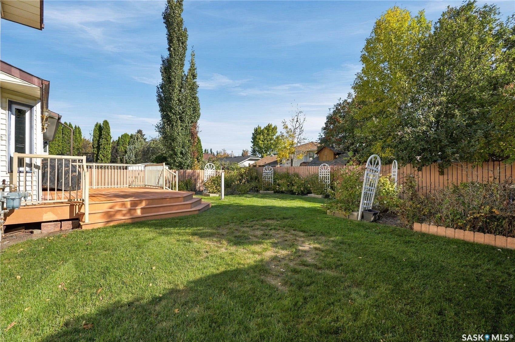 Expansive backyard featuring a multi-tiered deck, established privacy trees, and a wood fence