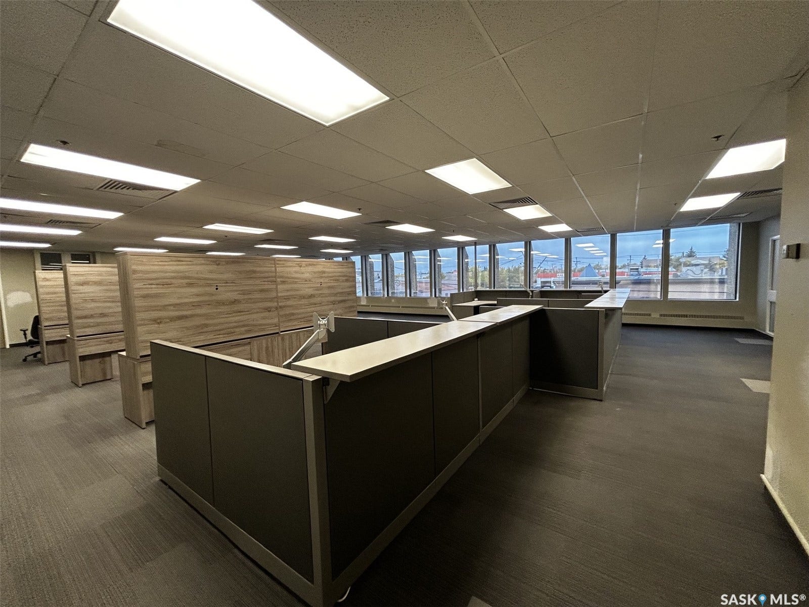Expansive open-concept office space featuring numerous workstations, carpeted flooring, and floor-to-ceiling windows