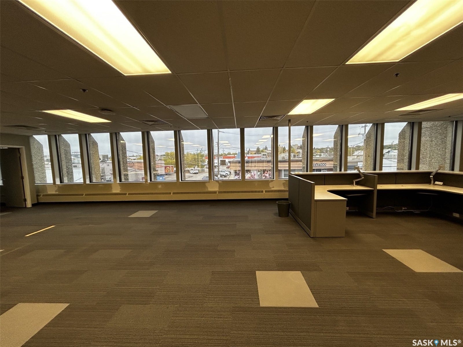Open-concept office space featuring large windows, patterned carpet flooring, and a drop ceiling with integrated lighting