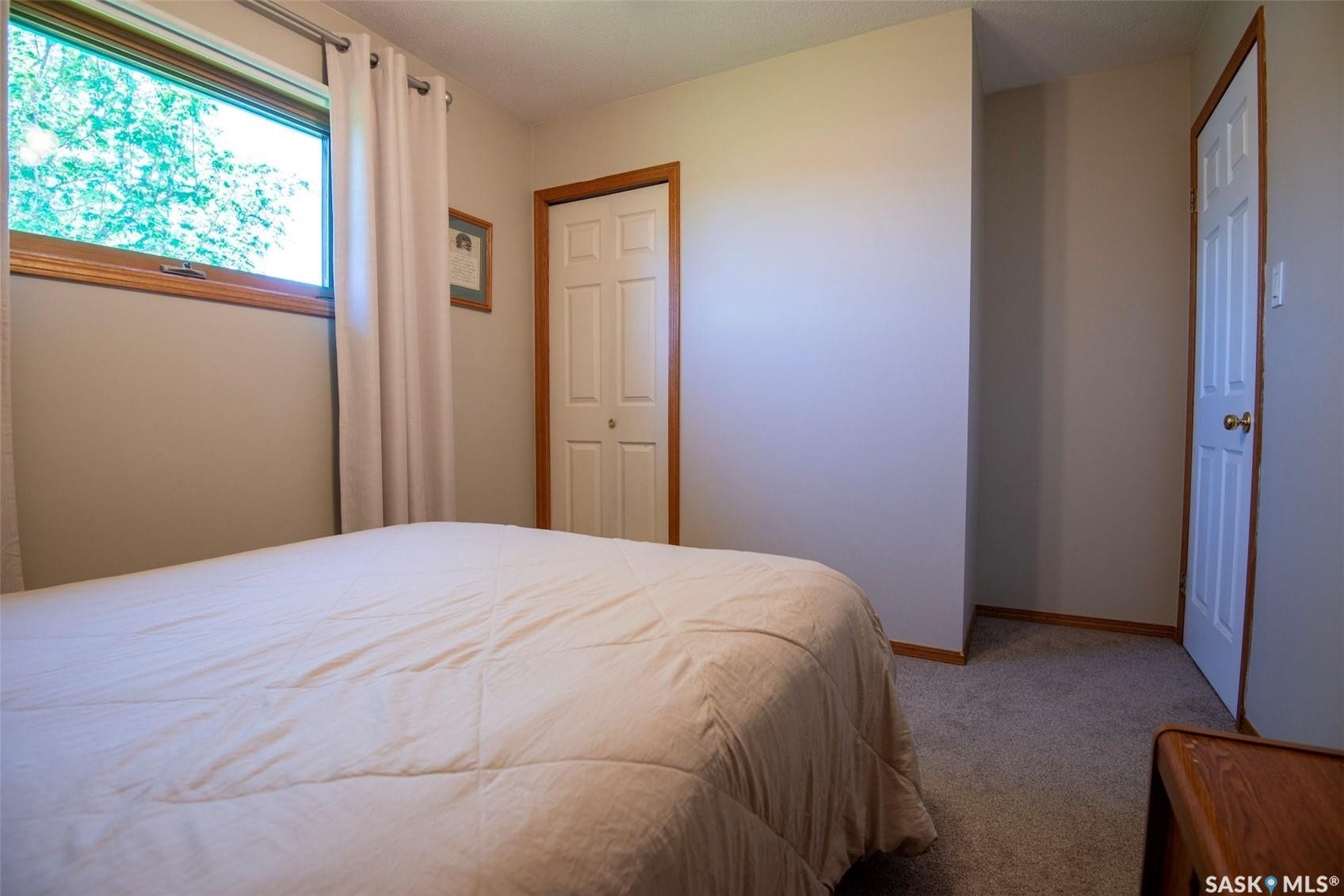 Window with wood-finish trim, neutral wall color, and carpeted flooring